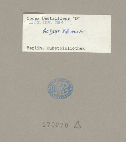 Rückseite von Kunstbibliothek [https://www.deutsche-digitale-bibliothek.de/content/lizenzen/rv-ez/] Codex Destailleur DSt. Peter: Nebenarm - , bh070270_recto. Foto.