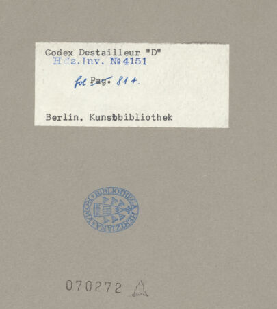 Rückseite von Kunstbibliothek [https://www.deutsche-digitale-bibliothek.de/content/lizenzen/rv-ez/] Codex Destailleur DSt. Peter: Kreuzarm mit Umgang - , bh070272_recto. Foto.