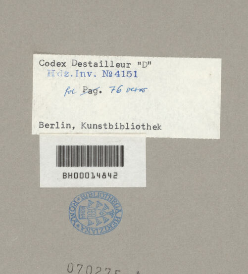 Rückseite von Kunstbibliothek [https://www.deutsche-digitale-bibliothek.de/content/lizenzen/rv-ez/] Codex Destailleur DSt. Peter: Eckturm, Schnitt durch den Nebenturm mit Gangspindel - , bh070275_recto. Foto.