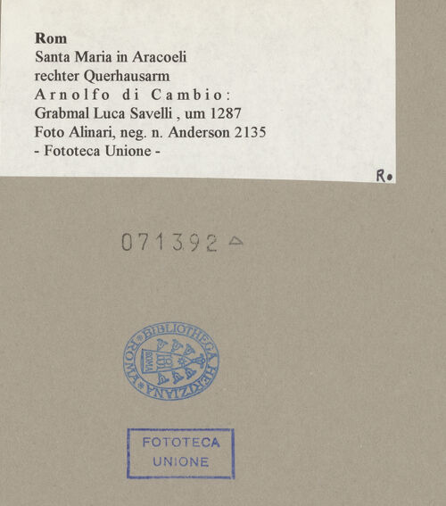 Rückseite von Alinari [https://www.deutsche-digitale-bibliothek.de/content/lizenzen/rv-ez/] Grabmonument für Luca Savelli (gest. 1266) - , bh071392_recto. Foto.