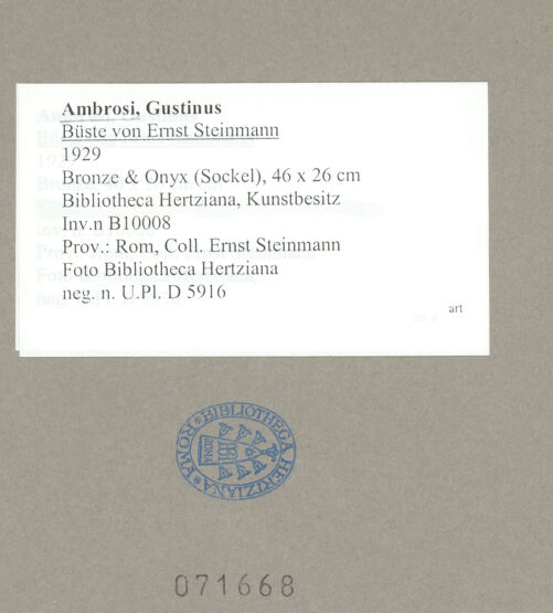 Rückseite von Bibliotheca Hertziana [https://www.deutsche-digitale-bibliothek.de/content/lizenzen/rv-fz/] Büste von Ernst Steinmann - , bh071668_recto. Foto.