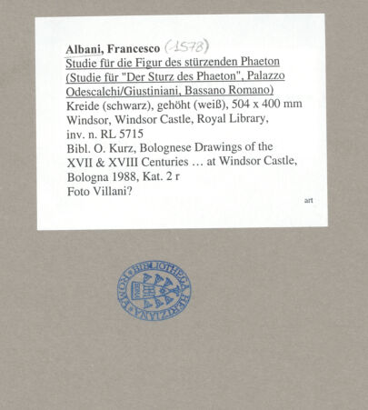 Rückseite von Villani? [https://www.deutsche-digitale-bibliothek.de/content/lizenzen/rv-ez/] Studie für die Figur des stürzenden Phaeton (Studie für " Der Sturz des Phaeton", Palazzo Odescalchi/Giustiniani, Bassano Romano) - , bh073460_recto. Foto.