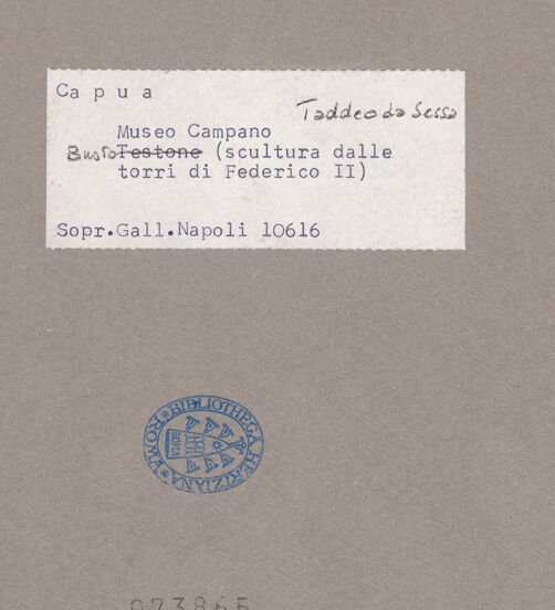 Rückseite von Sopr. BAS NA [https://www.deutsche-digitale-bibliothek.de/content/lizenzen/rv-ez/] Büste des Taddeo da Sessa (Thaddeus de Suessa) - Rückseite, bh073865_recto. Foto.