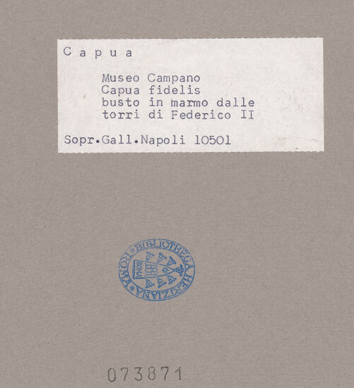 Rückseite von Sopr. BAS NA [https://www.deutsche-digitale-bibliothek.de/content/lizenzen/rv-ez/] Kopf der Capua Fidelis - Profil (von links), bh073871_recto. Foto.