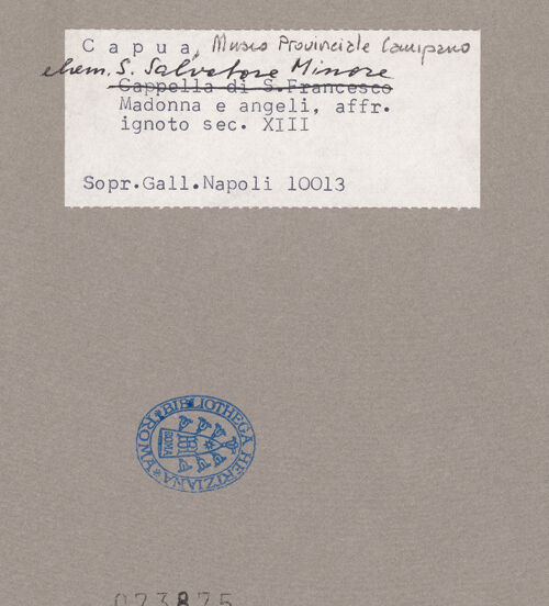 Rückseite von Sopr. BAS NA [https://www.deutsche-digitale-bibliothek.de/content/lizenzen/rv-ez/] Himmelfahrt Christi mit Maria, Aposteln und Engeln - Gesamtansicht (vor der Übertragung), bh073875_recto. Foto.