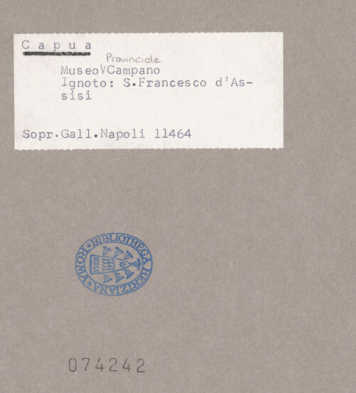 Rückseite von Sopr. BAS NA [https://www.deutsche-digitale-bibliothek.de/content/lizenzen/rv-ez/] Heiliger Bernhard von Siena und Heiliger Franziskus - Heiliger Bernhard, bh074242_recto. Foto.