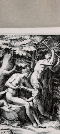 Rückseite von  [http://creativecommons.org/publicdomain/mark/1.0/] Adam und Eva arbeiten auf dem Feld - , bh074872. Foto.