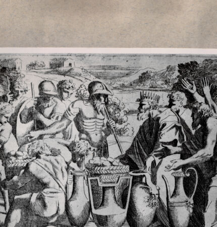 Rückseite von  [http://creativecommons.org/publicdomain/mark/1.0/] Melchisedek bietet Abraham Brot und Wein an - , bh074874. Foto.