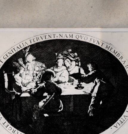 Rückseite von  [http://creativecommons.org/publicdomain/mark/1.0/] Liebespaar mit vier weiteren Personen in einer Schänke - , bh076974. Foto.