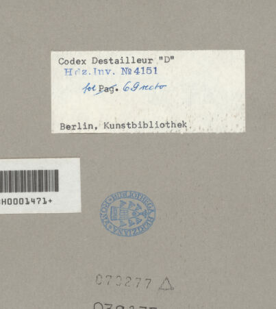 Rückseite von Kunstbibliothek [https://www.deutsche-digitale-bibliothek.de/content/lizenzen/rv-ez/] Codex Destailleur DMars-Tempel: Grundriss des quadratischen Tempels, Teilaufriss, Gebälk und Gesimse - , bh079277_recto. Foto.