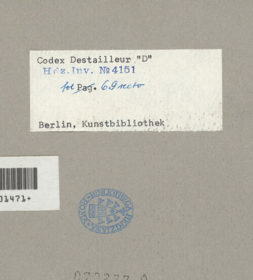 Rückseite von Kunstbibliothek [https://www.deutsche-digitale-bibliothek.de/content/lizenzen/rv-ez/] Codex Destailleur DMars-Tempel: Grundriss des quadratischen Tempels, Teilaufriss, Gebälk und Gesimse - , bh079277_recto. Foto.