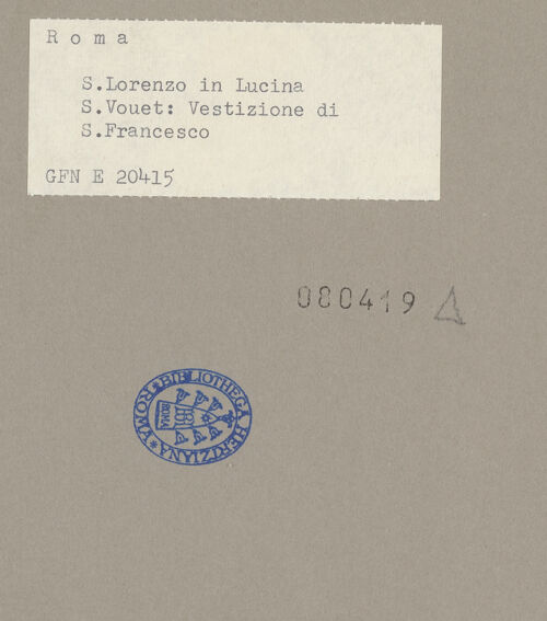 Rückseite von ICCD (GFN) [https://www.deutsche-digitale-bibliothek.de/content/lizenzen/rv-ez/] Die Einkleidung des hl. Franziskus - Gesamtansicht, bh080419_recto. Foto.