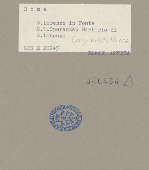 Rückseite von ICCD [https://www.deutsche-digitale-bibliothek.de/content/lizenzen/rv-ez/] Martyrium des heiligen Laurentius - Gesamtaufnahme, freigestellt, vor der Restaurierung, bh080434_recto. Foto.