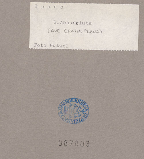 Rückseite von Hutzel, Max [https://www.deutsche-digitale-bibliothek.de/content/lizenzen/rv-ez/] Ave Gratia Plena - Fassade und Campanile, Teilansicht, bh087803_recto. Foto: Hutzel, Max.