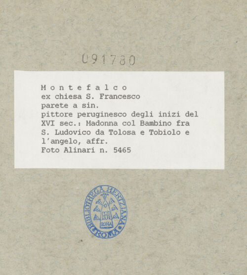 Rückseite von Alinari [https://www.deutsche-digitale-bibliothek.de/content/lizenzen/rv-ez/] NischendekorationMadonna zwischen Tobias mit dem Engel und dem heiligen Ludwig von Toulouse - Gesamtansicht, bh091780_recto. Foto.