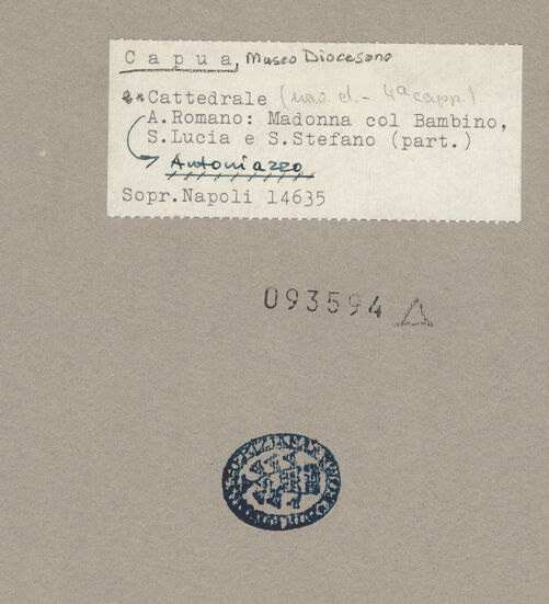 Rückseite von Sopr. BAS NA [https://www.deutsche-digitale-bibliothek.de/content/lizenzen/rv-ez/] Madonna zwischen den heiligen Stephanus und Lucia - Lucia, Detail: Oberkörper, bh093594_recto. Foto.