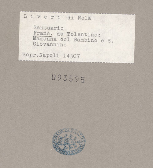 Rückseite von Sopr. BAS NA [https://www.deutsche-digitale-bibliothek.de/content/lizenzen/rv-ez/] Triptychon mit Madonna mit Kind und dem Johannesknaben zwischen den Heiligen Barbara und Antonius Abbas - Madonna mit Kind und dem Johannesknaben, bh093595_recto. Foto.