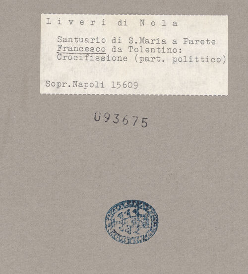 Rückseite von Sopr. BAS NA [https://www.deutsche-digitale-bibliothek.de/content/lizenzen/rv-ez/] Triptychon mit Madonna mit Kind und dem Johannesknaben zwischen den Heiligen Barbara und Antonius Abbas - Kreuzigung, bh093675_recto. Foto.