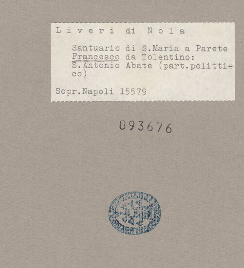 Rückseite von Sopr. BAS NA [https://www.deutsche-digitale-bibliothek.de/content/lizenzen/rv-ez/] Triptychon mit Madonna mit Kind und dem Johannesknaben zwischen den Heiligen Barbara und Antonius Abbas - Heiliger Anton Abbas, bh093676_recto. Foto.