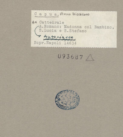 Rückseite von Sopr. BAS NA [https://www.deutsche-digitale-bibliothek.de/content/lizenzen/rv-ez/] Madonna zwischen den heiligen Stephanus und Lucia - Gesamtansicht, bh093687_recto. Foto.