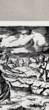 Rückseite von  [http://creativecommons.org/publicdomain/mark/1.0/] Frau zielt mit Pfeil und Bogen auf Cupido - , bh094561. Foto.