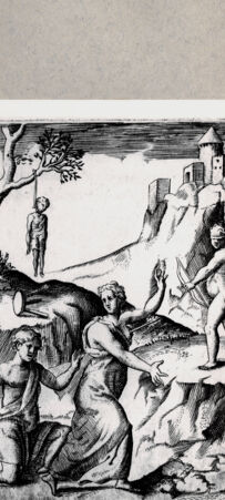 Rückseite von  [http://creativecommons.org/publicdomain/mark/1.0/] Blinder Armor trifft das Herz einer Frau, daneben knieender Mann - , bh094568. Foto.