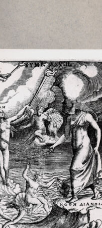 Rückseite von  [http://creativecommons.org/publicdomain/mark/1.0/] Meereszene mit zwei Frauen und vier Amoretten - , bh094581. Foto.