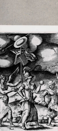 Rückseite von  [http://creativecommons.org/publicdomain/mark/1.0/] Zwei weibliche Figuren und ein Narr - , bh094592. Foto.