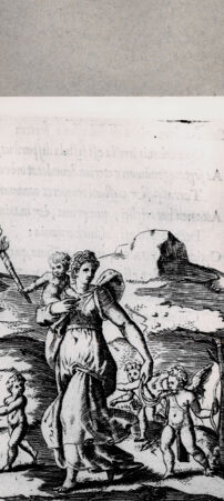 Rückseite von  [http://creativecommons.org/publicdomain/mark/1.0/] Frau mit drei Kindern und dem angeleinten Amor - , bh094595. Foto.