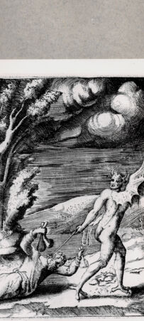 Rückseite von  [http://creativecommons.org/publicdomain/mark/1.0/] Dämon zieht einen Mann hinter sich her - , bh094596. Foto.