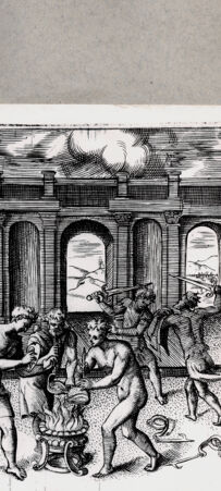 Rückseite von  [http://creativecommons.org/publicdomain/mark/1.0/] Drei Männer über einem Feuer - , bh094599. Foto.