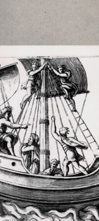 Rückseite von  [http://creativecommons.org/publicdomain/mark/1.0/] Schiff mit sechs Männern - , bh094619. Foto.