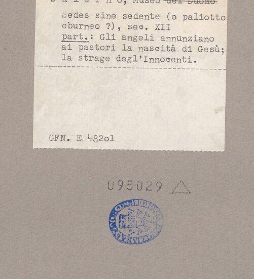 Rückseite von ICCD [https://www.deutsche-digitale-bibliothek.de/content/lizenzen/rv-ez/] Szenen aus dem Neuen und Alten TestamentDie Verkündigung an die Hirten; der Kindermord - Gesamtansicht, bh095029_recto. Foto.