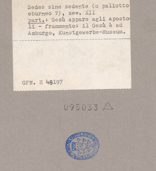 Rückseite von ICCD [https://www.deutsche-digitale-bibliothek.de/content/lizenzen/rv-ez/] Szenen aus dem Neuen und Alten TestamentDie Mission der Apostel - Gesamtansicht, bh095033_recto. Foto.