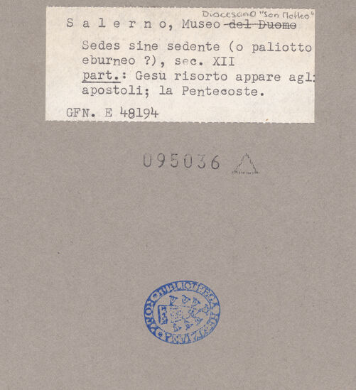 Rückseite von ICCD [https://www.deutsche-digitale-bibliothek.de/content/lizenzen/rv-ez/] Szenen aus dem Neuen und Alten TestamentChristus erscheint den Aposteln; Pfingsten - Gesamtansicht, bh095036_recto. Foto.