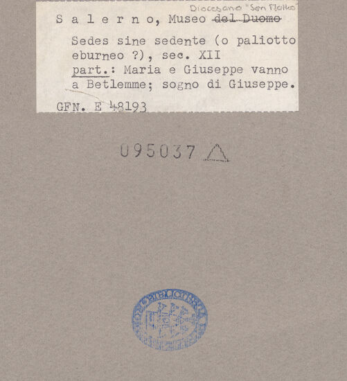 Rückseite von ICCD [https://www.deutsche-digitale-bibliothek.de/content/lizenzen/rv-ez/] Szenen aus dem Neuen und Alten TestamentDie Reise Marias und Josephs nach Bethlehem; Josephs zweiter Traum - Gesamtansicht, bh095037_recto. Foto.