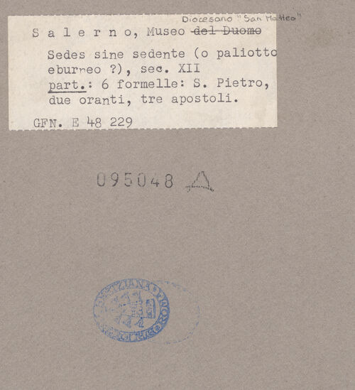 Rückseite von ICCD [https://www.deutsche-digitale-bibliothek.de/content/lizenzen/rv-ez/] Szenen aus dem Neuen und Alten TestamentApostel und Heiligen - Apostel und Heiligen, bh095048_recto. Foto.