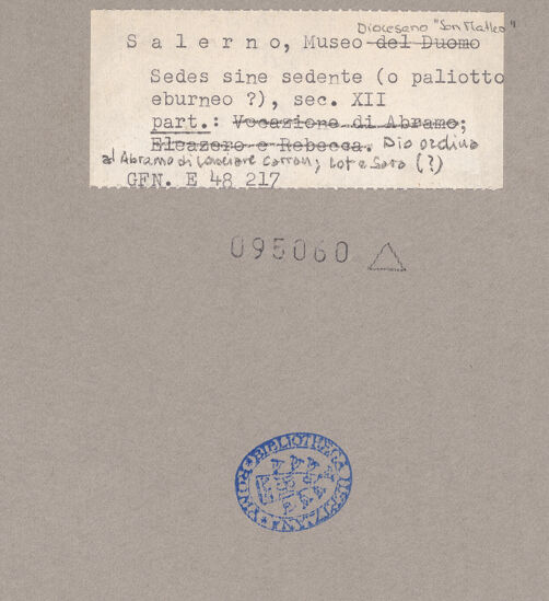 Rückseite von ICCD [https://www.deutsche-digitale-bibliothek.de/content/lizenzen/rv-ez/] Szenen aus dem Neuen und Alten TestamentGott spricht mit Abraham(?);  Abraham zieht mit Sara und Lot nach Kanaan(?) - Gesamtansicht, bh095060_recto. Foto.