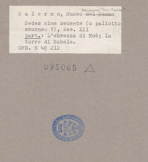 Rückseite von ICCD [https://www.deutsche-digitale-bibliothek.de/content/lizenzen/rv-ez/] Szenen aus dem Neuen und Alten TestamentNoahs Trunkenheit; der Turm von Babel - Gesamtansicht, bh095065_recto. Foto.