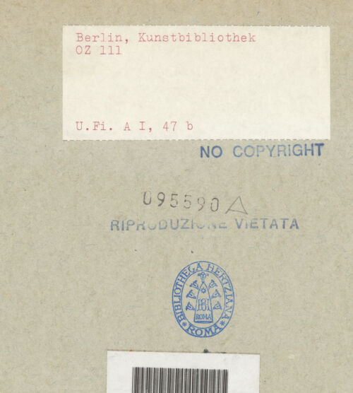 Rückseite von Bibliotheca Hertziana [https://www.deutsche-digitale-bibliothek.de/content/lizenzen/rv-ez/] Mantegna SkizzenbuchHelme, Truhe, Schwertscheiden, Lampe, Schild - , bh095590_recto. Foto.