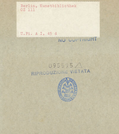 Rückseite von Bibliotheca Hertziana [https://www.deutsche-digitale-bibliothek.de/content/lizenzen/rv-ez/] Mantegna SkizzenbuchKandelaber - , bh095595_recto. Foto.