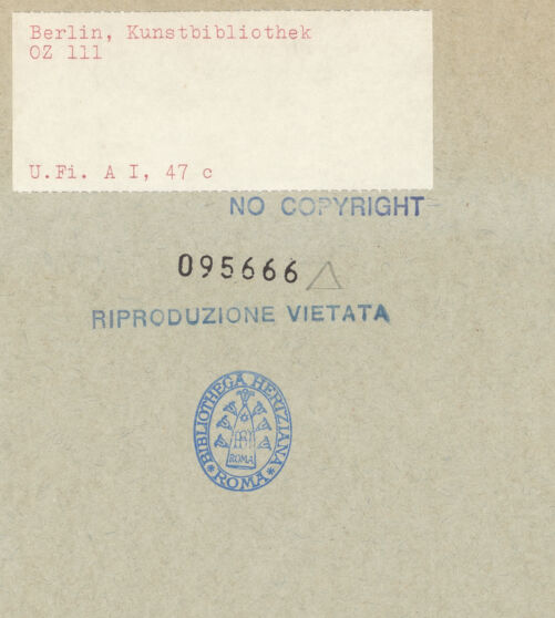 Rückseite von Bibliotheca Hertziana [https://www.deutsche-digitale-bibliothek.de/content/lizenzen/rv-ez/] Mantegna SkizzenbuchOrnamente: Löwenmaske, Schild, Helm, Greifen - , bh095666_recto. Foto.