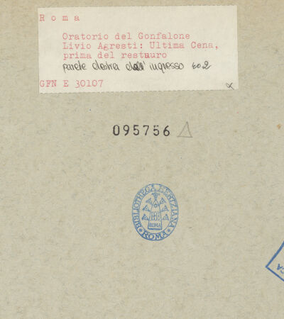 Rückseite von ICCD [https://www.deutsche-digitale-bibliothek.de/content/lizenzen/rv-ez/] Freskenzyklus zur Passion ChristiDas letzte Abendmahl - Gesamtansicht: Das letzte Abendmahl vor der Restaurierung, bh095756_recto. Foto.