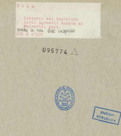 Rückseite von ICCD [https://www.deutsche-digitale-bibliothek.de/content/lizenzen/rv-ez/] Freskenzyklus zur Passion ChristiKreuztragung Christi - , bh095774_recto. Foto.