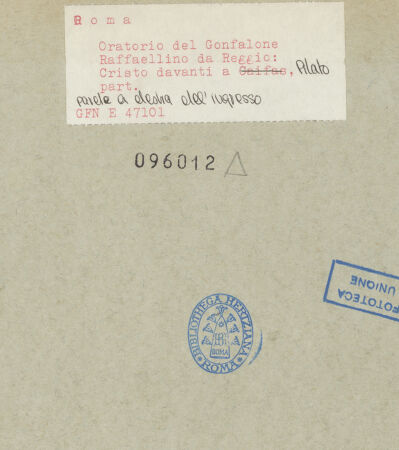 Rückseite von ICCD [https://www.deutsche-digitale-bibliothek.de/content/lizenzen/rv-ez/] Freskenzyklus zur Passion ChristiChristus vor Kaiphas - Detail, bh096012_recto. Foto.