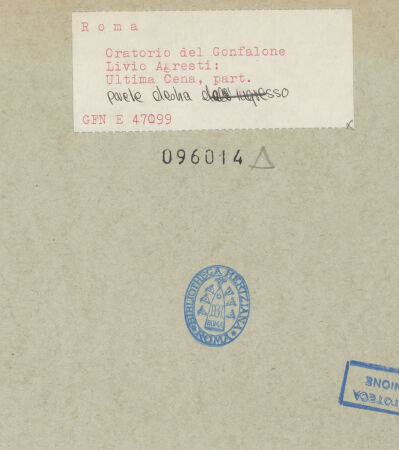 Rückseite von ICCD [https://www.deutsche-digitale-bibliothek.de/content/lizenzen/rv-ez/] Freskenzyklus zur Passion ChristiDas letzte Abendmahl - Detail: Jesus und Johannes, bh096014_recto. Foto.