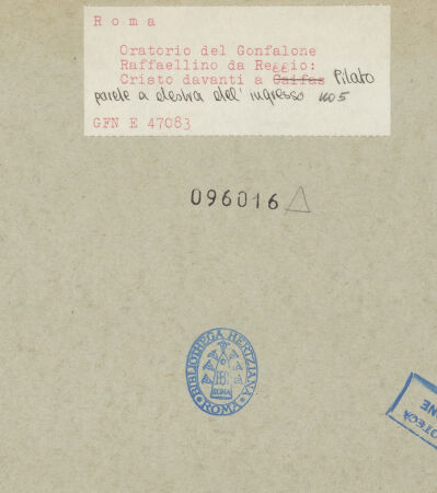 Rückseite von ICCD [https://www.deutsche-digitale-bibliothek.de/content/lizenzen/rv-ez/] Freskenzyklus zur Passion ChristiChristus vor Kaiphas - , bh096016_recto. Foto.