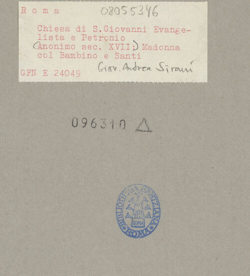 Rückseite von ICCD [https://www.deutsche-digitale-bibliothek.de/content/lizenzen/rv-ez/] Madonna mit Heiligen - Gesamtansicht, bh096310_recto. Foto.