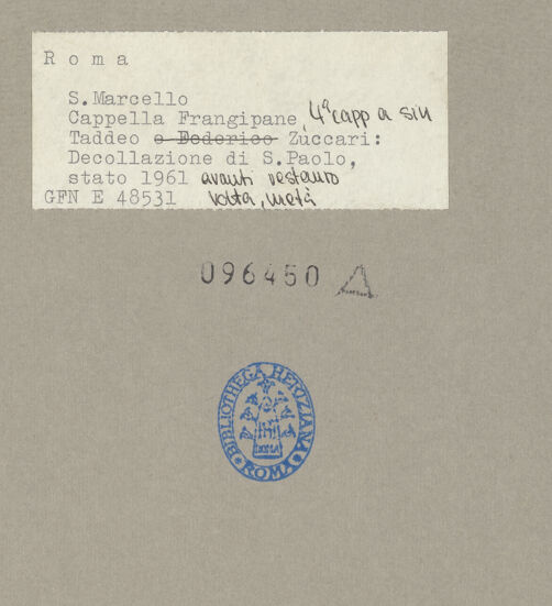 Rückseite von ICCD [https://www.deutsche-digitale-bibliothek.de/content/lizenzen/rv-ez/] Ausstattung der Cappella Frangipane: Zyklus zum Leben des heiligen Paulus, Propheten und weitere SzenenMartyrium des heiligen Paulus - , bh096450_recto. Foto.