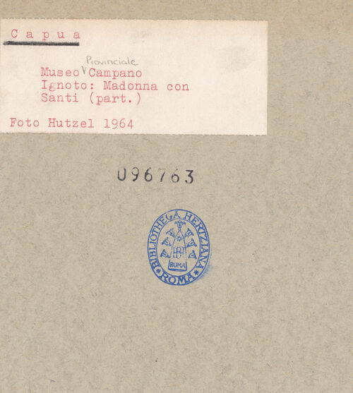 Rückseite von Hutzel, Max [https://www.deutsche-digitale-bibliothek.de/content/lizenzen/rv-ez/] Madonna mit den Heiligen Franziskus, Johannes dem Täufer, Hieronymus und Antonius von Padua; Verkündigung - Detail, bh096763_recto. Foto: Hutzel, Max.